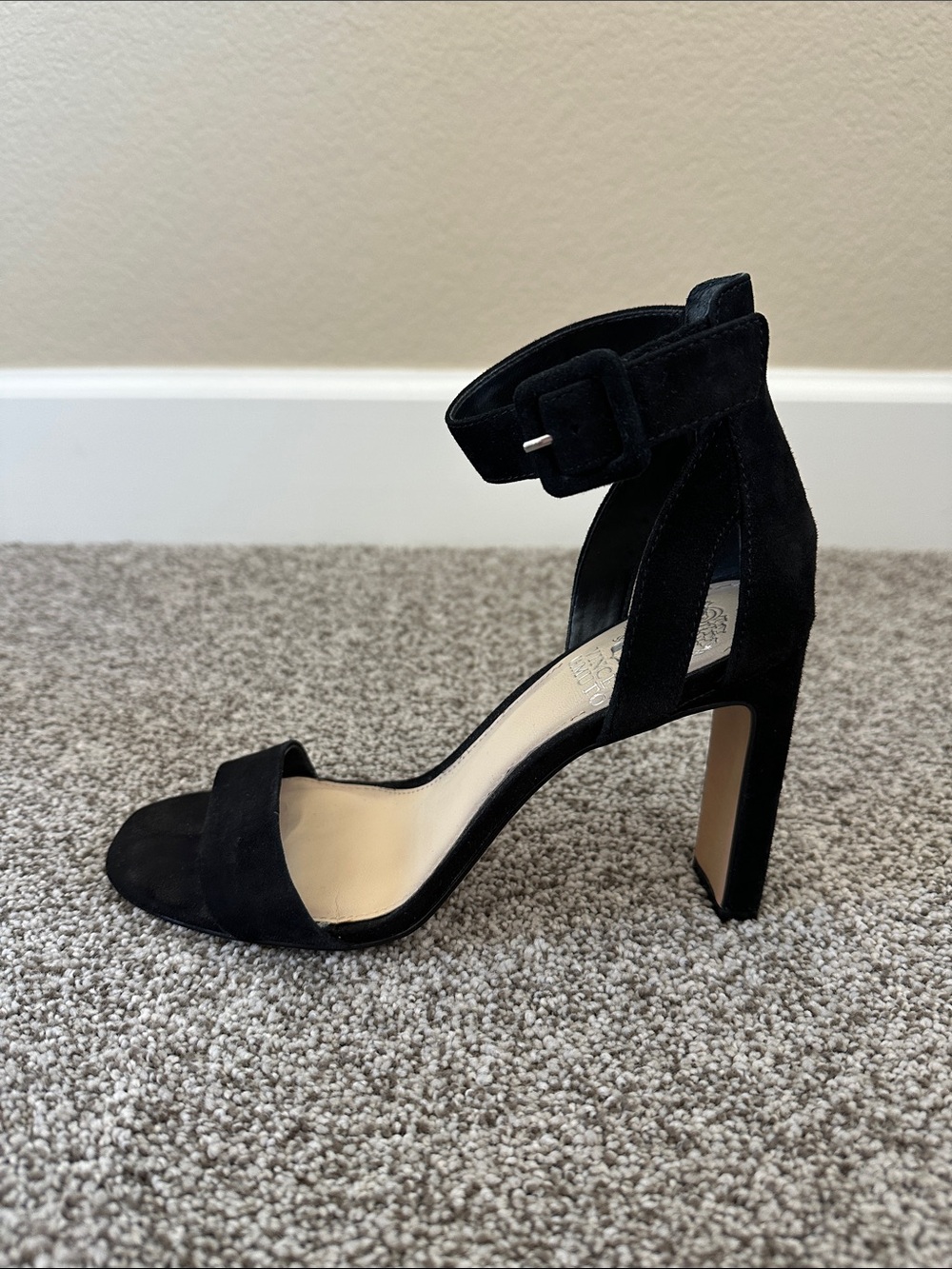 Vince Camuto Black Suede Ankle-Strap Block Heels
